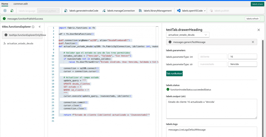 Interfaz de Usuario Fabric, prueba de la User function