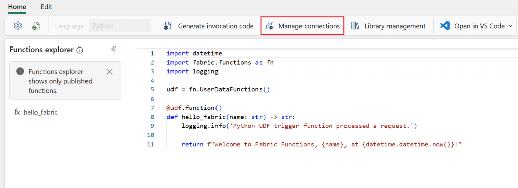Interfaz de usuario de una User Function en Fabric, Boton para administrar conexiones
