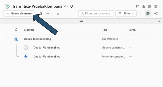 Interfaz de Fabric, botón para la creación de un nuevo elemento