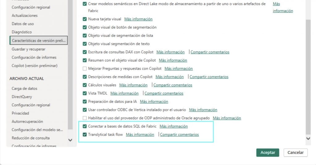 Interfaz de Opciones de power Bi desktop