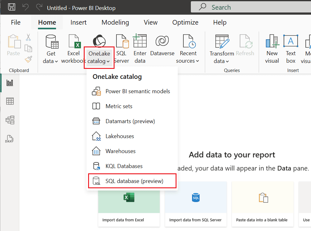 Interfaz de Usuario de Power Bi desktop, botón de Onelake